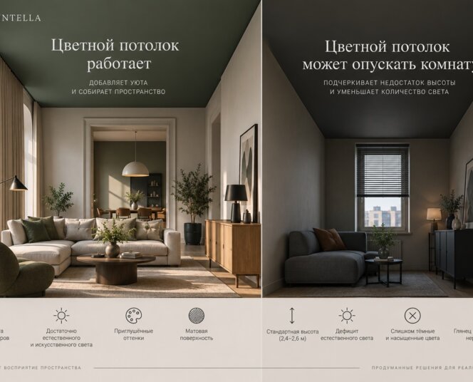 Цветной потолок: когда пятая стена работает, а когда опускает комнату