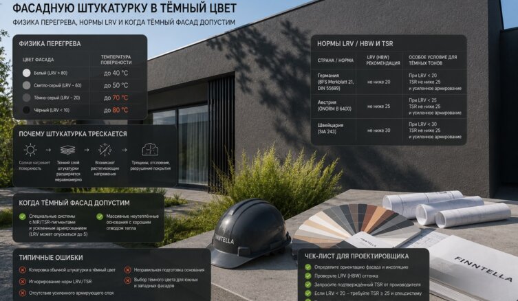 Почему нельзя колеровать фасадную штукатурку в тёмный цвет